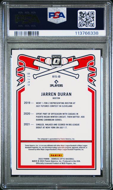 Jarren Duran 2022 Panini Donruss Optic Retro 1981 Auto #'d 06/10 PSA 10