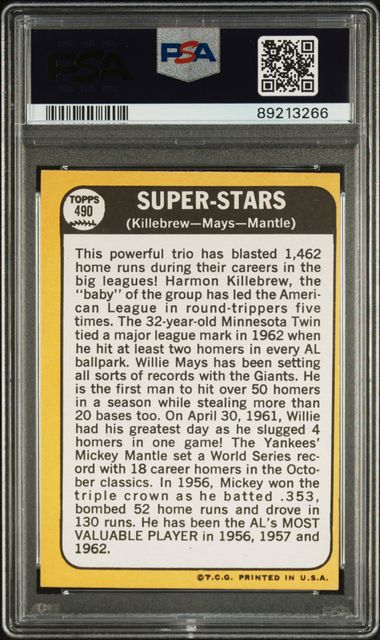 Super Stars Harmon Killebrew Willie Mays Mickey Mantle 1968 Topps #490 PSA 6