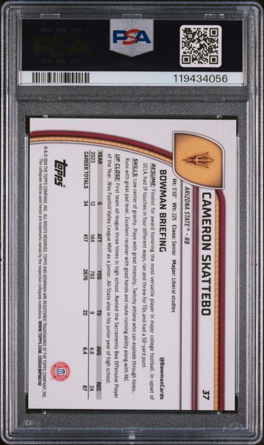 Cam Skattebo 2024 Bowman U Chrome Aqua Refractor #'d 014/299 PSA 9