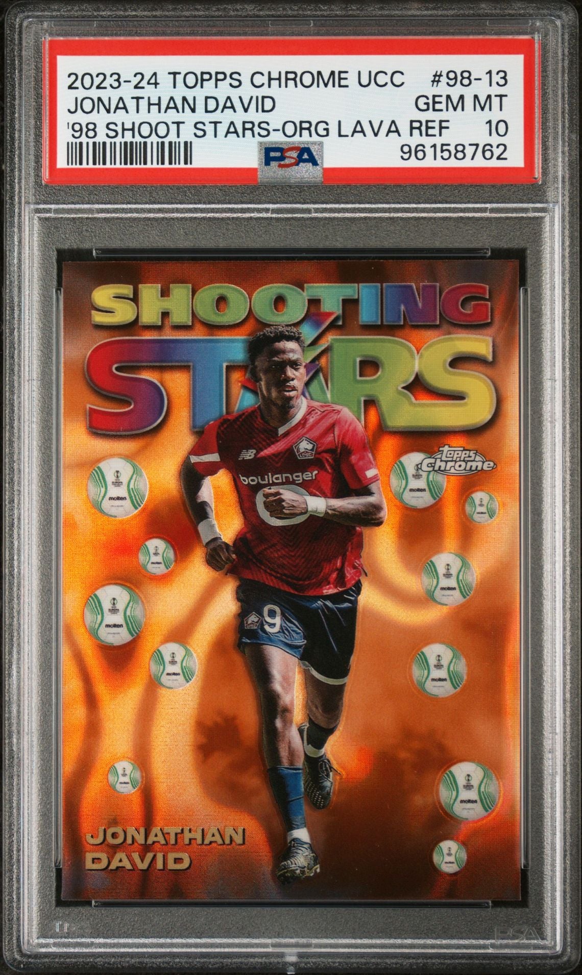Jonathan David 2023-24 Topps Chrome UEFA '98 Shooting Stars orange lava ref. PSA 10