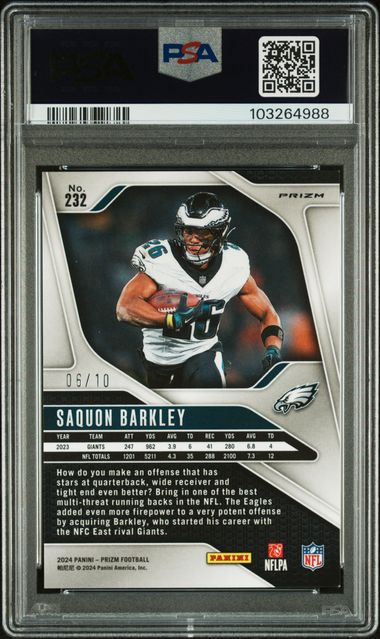 Saquon Barkley 2024 Panini Prizm gold shimmer prizm #'d 06/10 PSA 9