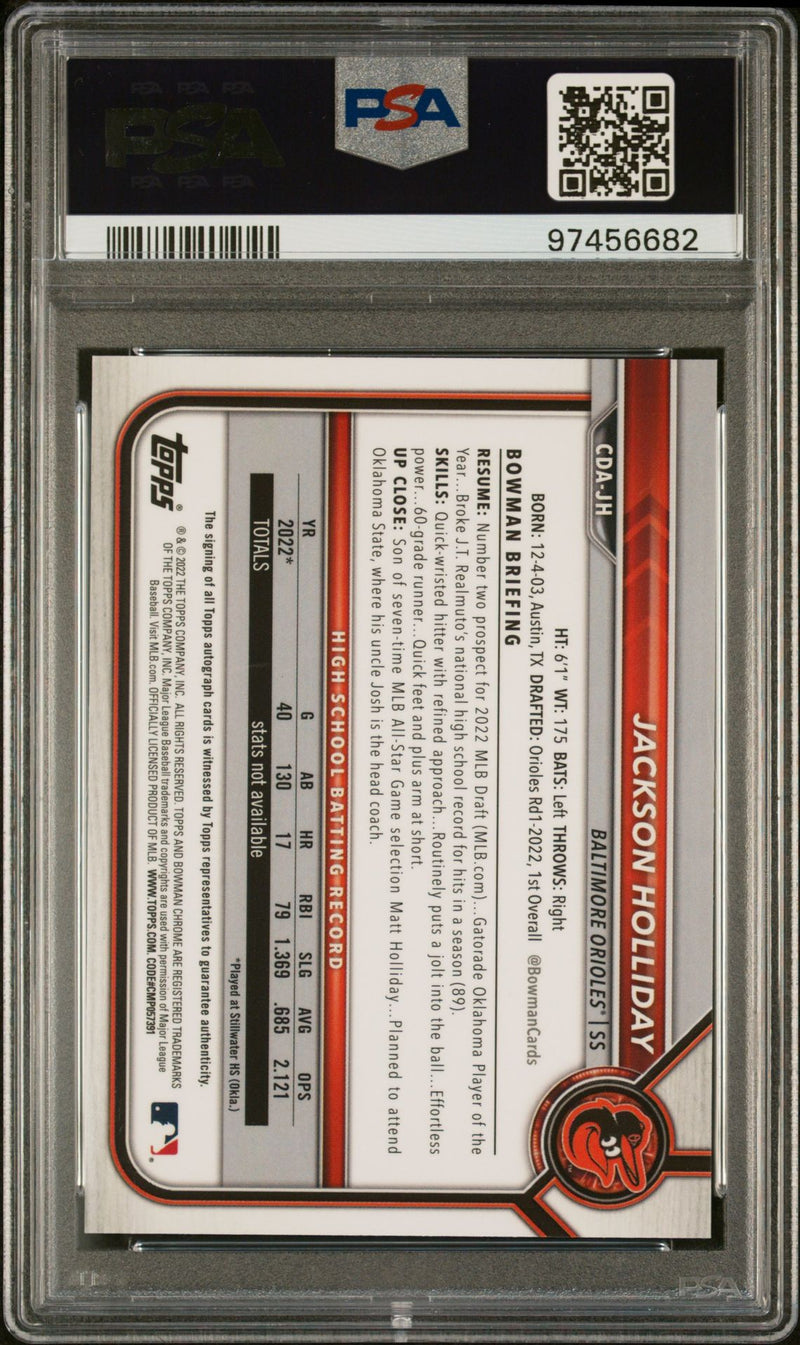 Jackson Holliday 2022 Bowman Chrome 1st Bowman B&W Raywave Autograph PSA 10