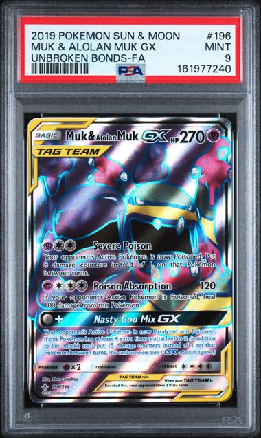 Muk & Alolan Muk GX Pokémon Unbroken Bonds Full Art #196/214 PSA 9