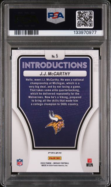 JJ McCarthy 2024 Panini Mosaic Intro - No Huddle RC PSA 9