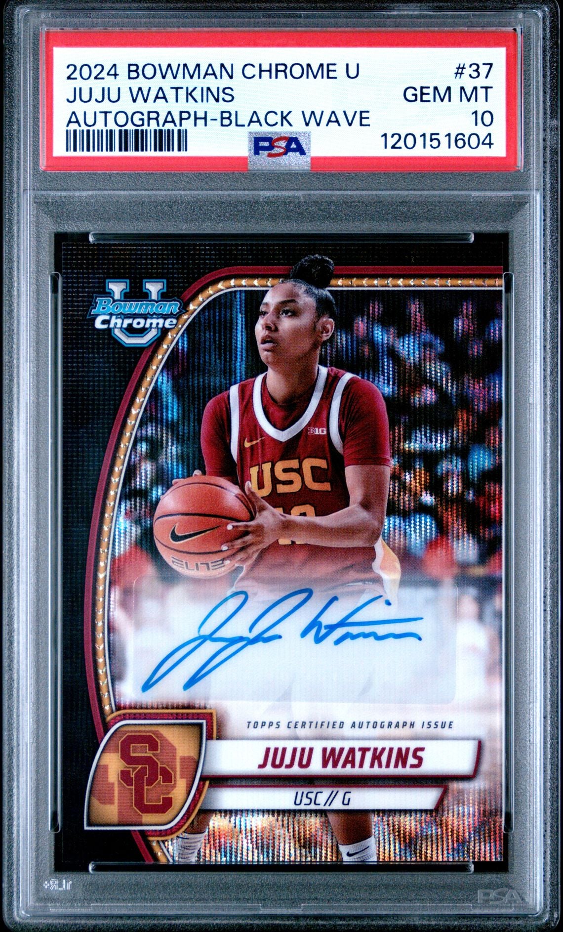 JuJu Watkins 2025 Bowman Chrome U autograph black wave refractor PSA 10