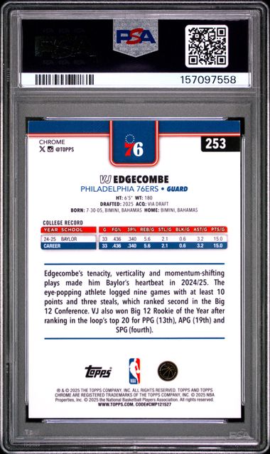 VJ Edgecomb 2025 Topps Chrome RWB refractor rookie card PSA 9