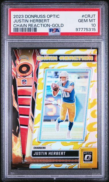 Justin Herbert 2023 Panini Donruss Optic Chain Reaction gold prizm #'d 09/10 PSA 10