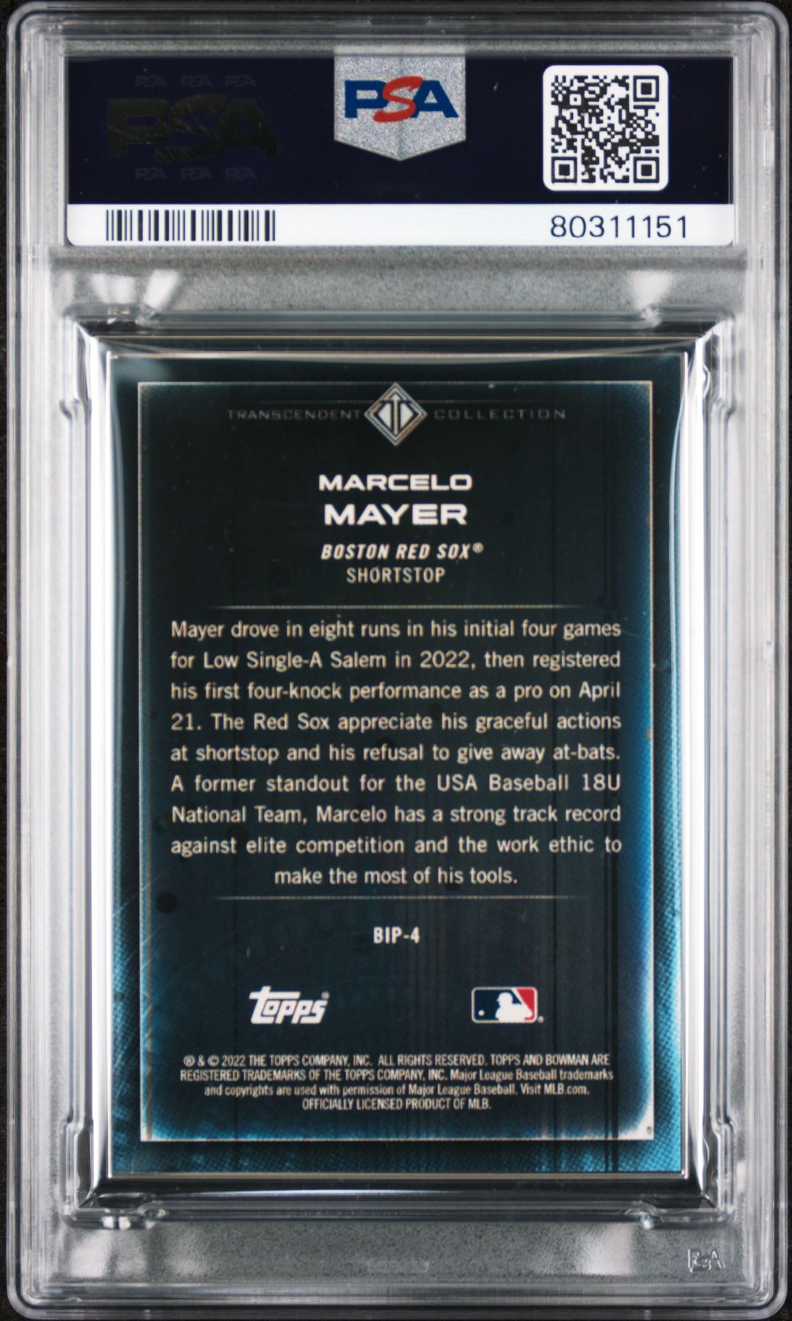 Marcelo Mayer 2022 Bowman Transcendent Collection Bowman Icons /50 Batting PSA 9