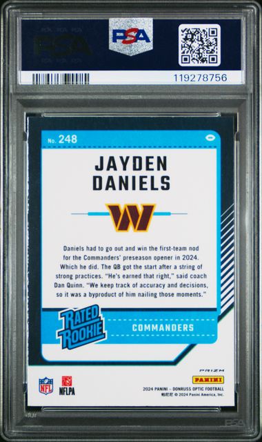 Jayden Daniels 2024 Panini Donruss Optic green velocity prizm rc PSA 10