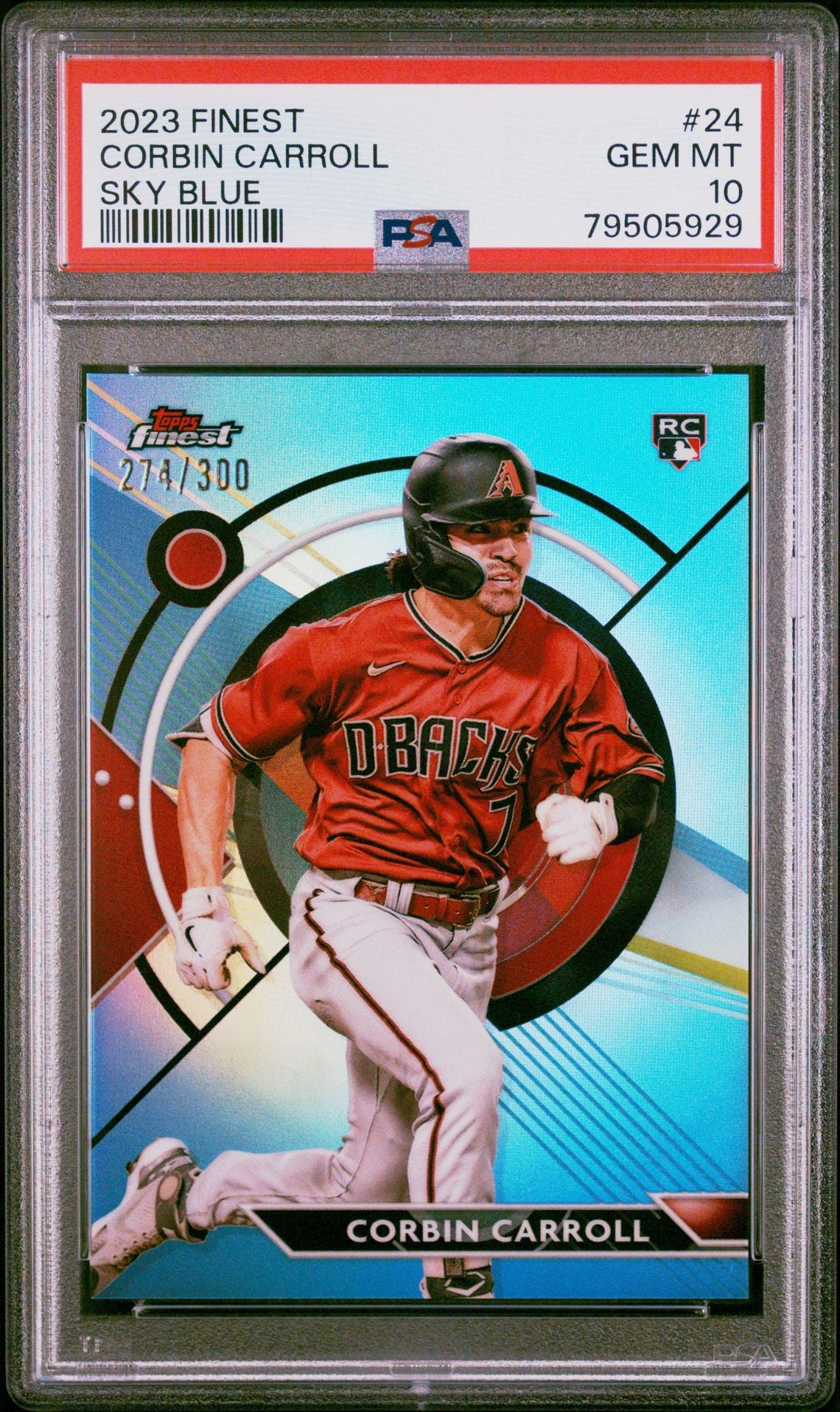Corbin Carroll 2023 Topps Finest Sky Blue Refractor #'d 274/300 PSA 10 Rookie Card