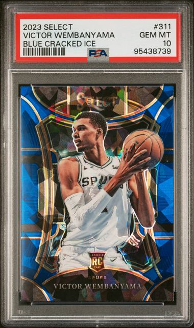 Victor Wembanyama 2023 Panini Select Blue Cracked Ice Prizm Rookie Card PSA 10