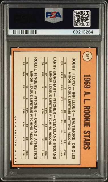 AL Rookies Bob Floyd Larry Burchant Rollie Fingers 1969 Topps #597 PSA 8