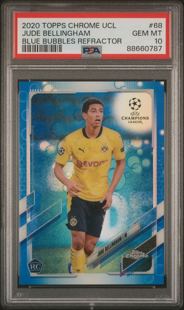 Jude Bellingham 2020-21 Topps Chrome UCL Blue Bubbles Refractor RC PSA 10