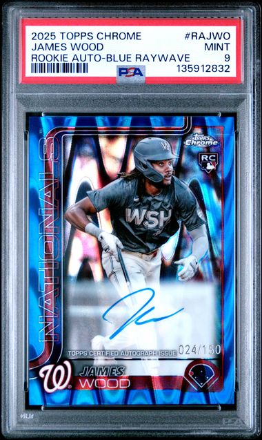 James Wood 2025 Topps Chrome Rookie Autograph Blue Raywave #'d 024/150 PSA 9