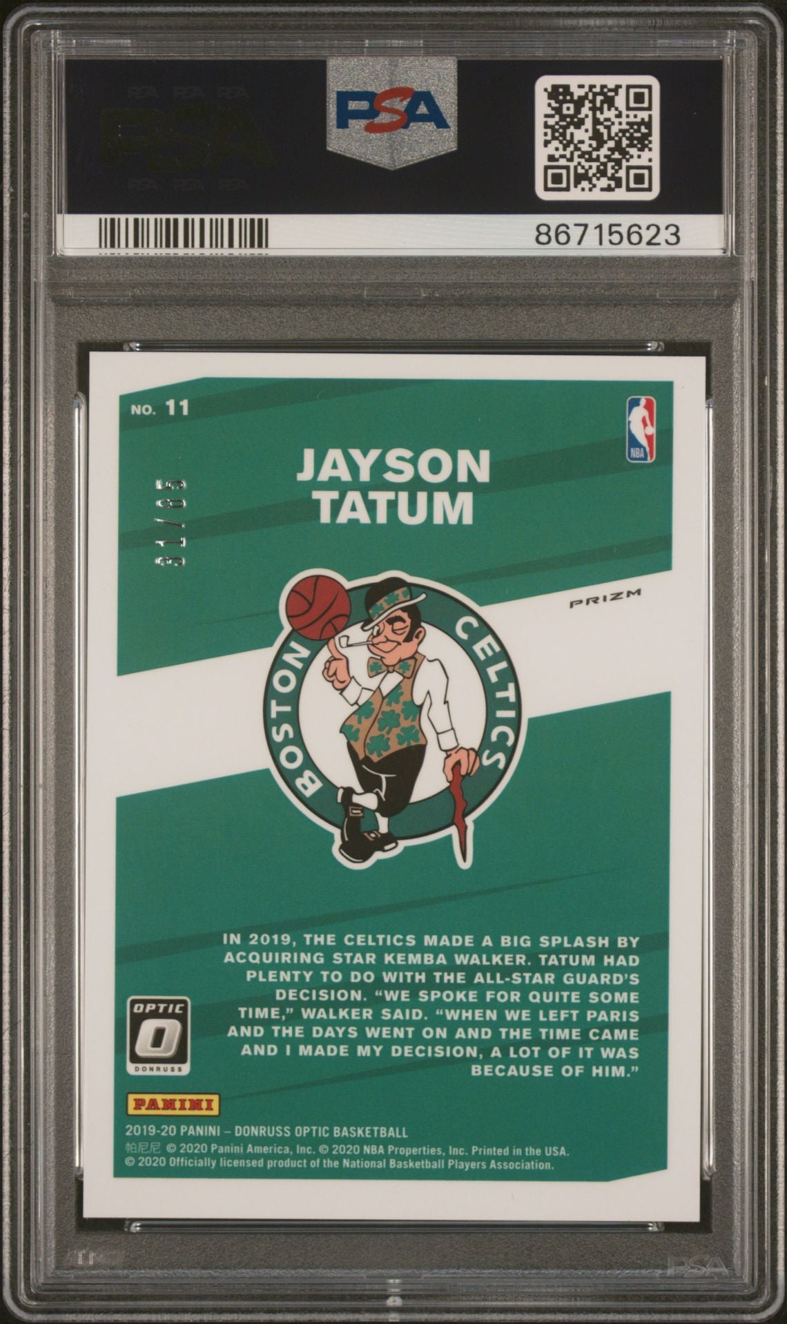 Jayson Tatum 2019-20 Donruss Optic My House #11 Blue 31/85 PSA 9