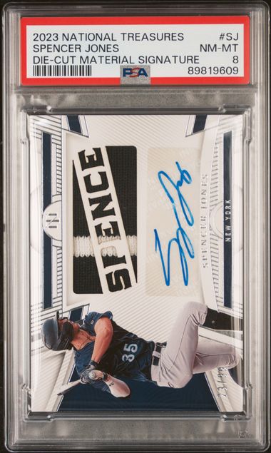 Spencer Jones 2023 National Treasures Die-Cut Material Signature #'d 23/99 PSA 8