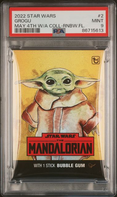 Grogu 2022 Topps Star Wars May 4th Wrapper Art Coll. rainbow foil #'d 62/99 PSA 9