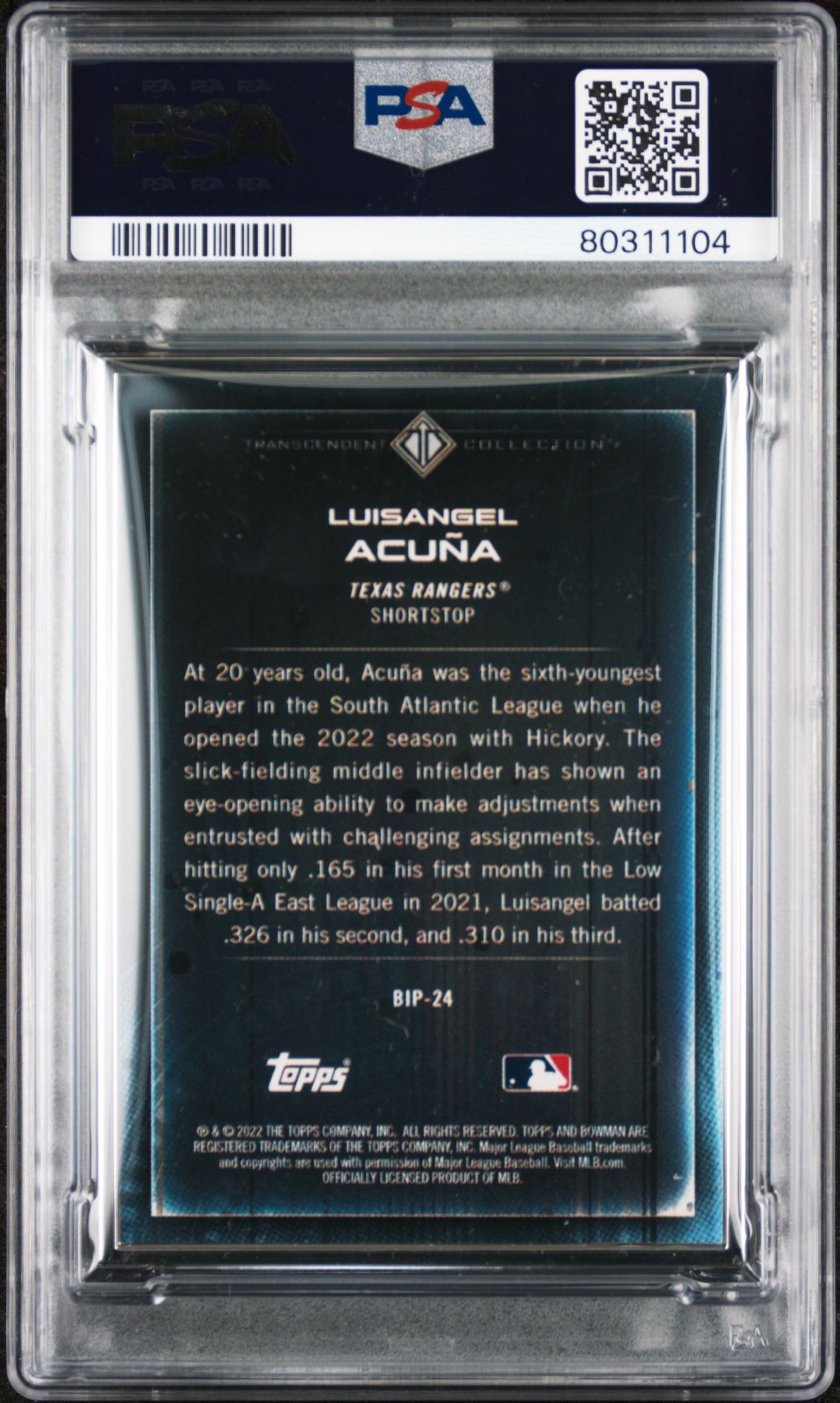 Luisangel Acuna 2022 Bowman Transcendent Collection Bowman Icons /50 Swinging PSA 10