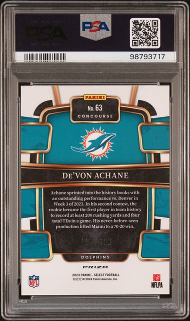 De'Von Achane 2023 Panini Select Blue Prizm Rookie #'d 194/199 PSA 10