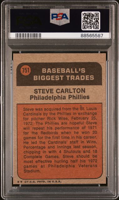 Steve Carlton 1972 Topps Traded #751 PSA 8