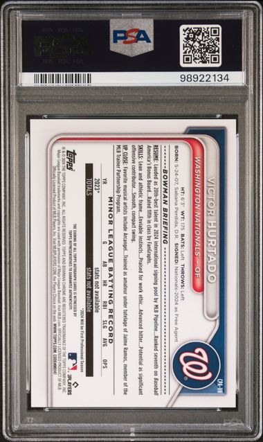 Victor Hurtado 2024 1st Bowman Chrome autograph blue ref. #'d 120/150 PSA 10