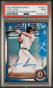 Jace Jung 2022 Bowman Draft Chrome Draft Pick 1st Auto Blue Refractor #'d 030/150 PSA 9