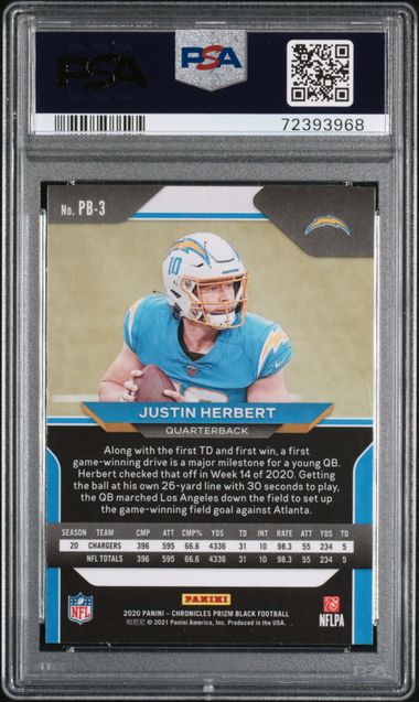 Justin Herbert 2020 Panini Chronicles Prizm Black rookie card PSA 10