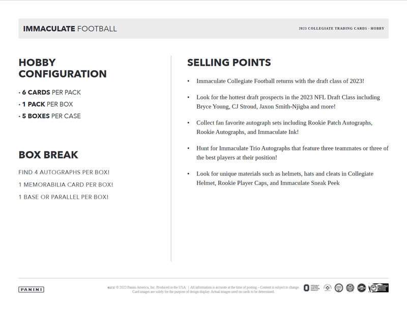 2023 Panini Immaculate Collegiate Football Hobby Box
