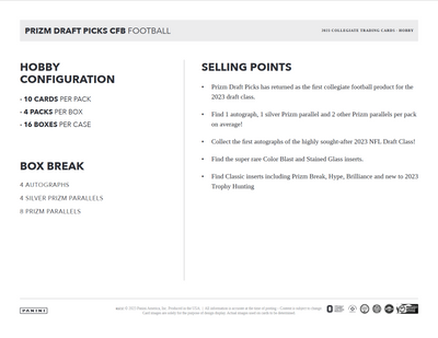 2023 Panini Prizm Collegiate Draft Picks Football Hobby 16 Box Case