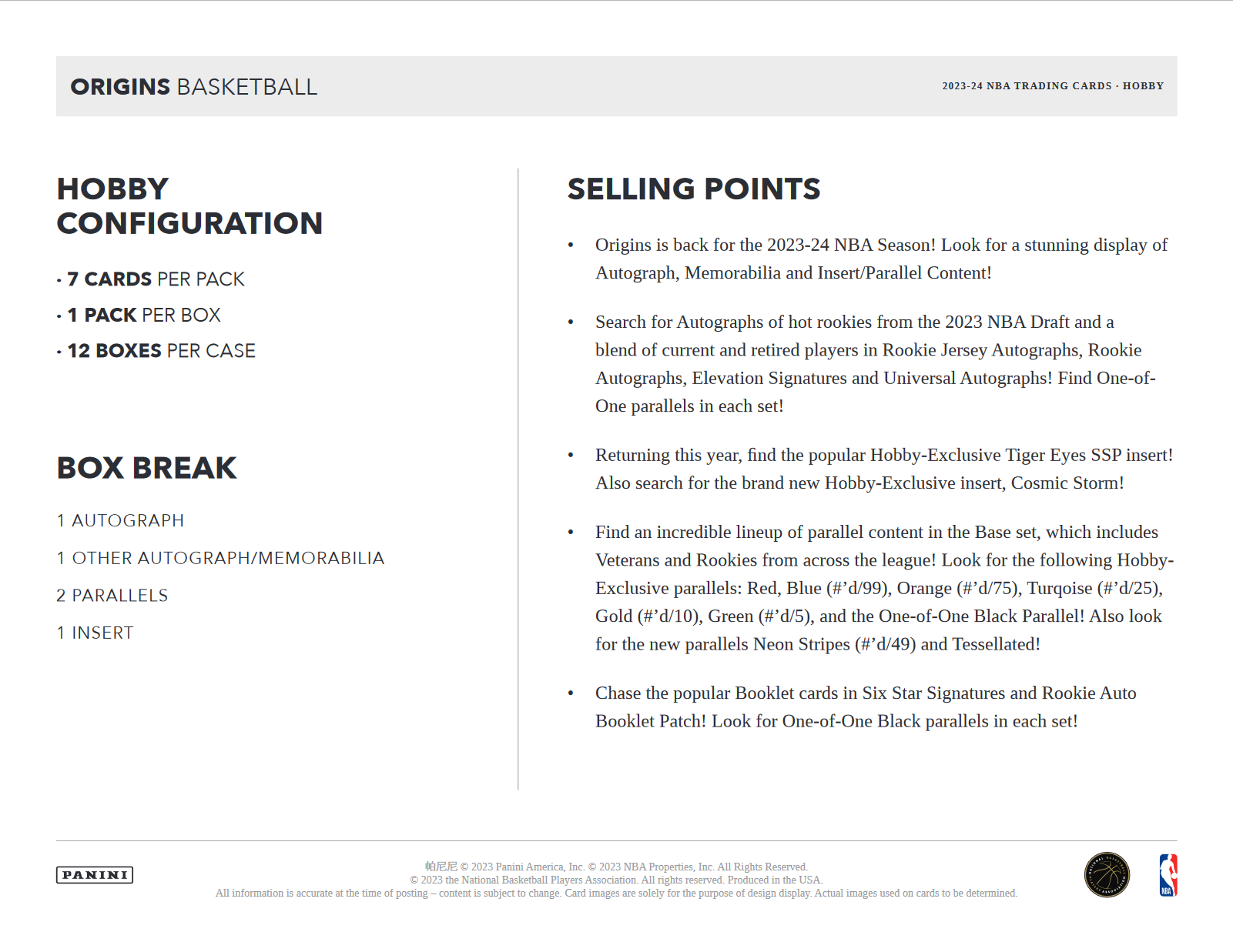 2023-24 Panini Origins Basketball Hobby 12 Box Case