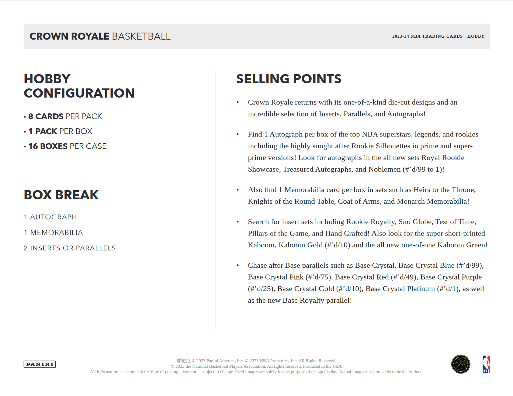 2023-24 Panini Crown Royale Basketball Hobby 16 Box Case