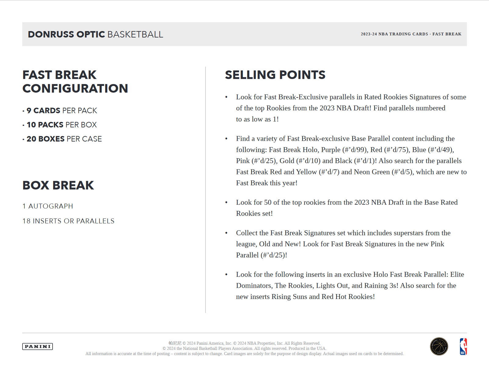 2023-24 Panini Donruss Optic Basketball Fast Break 20 Box Case