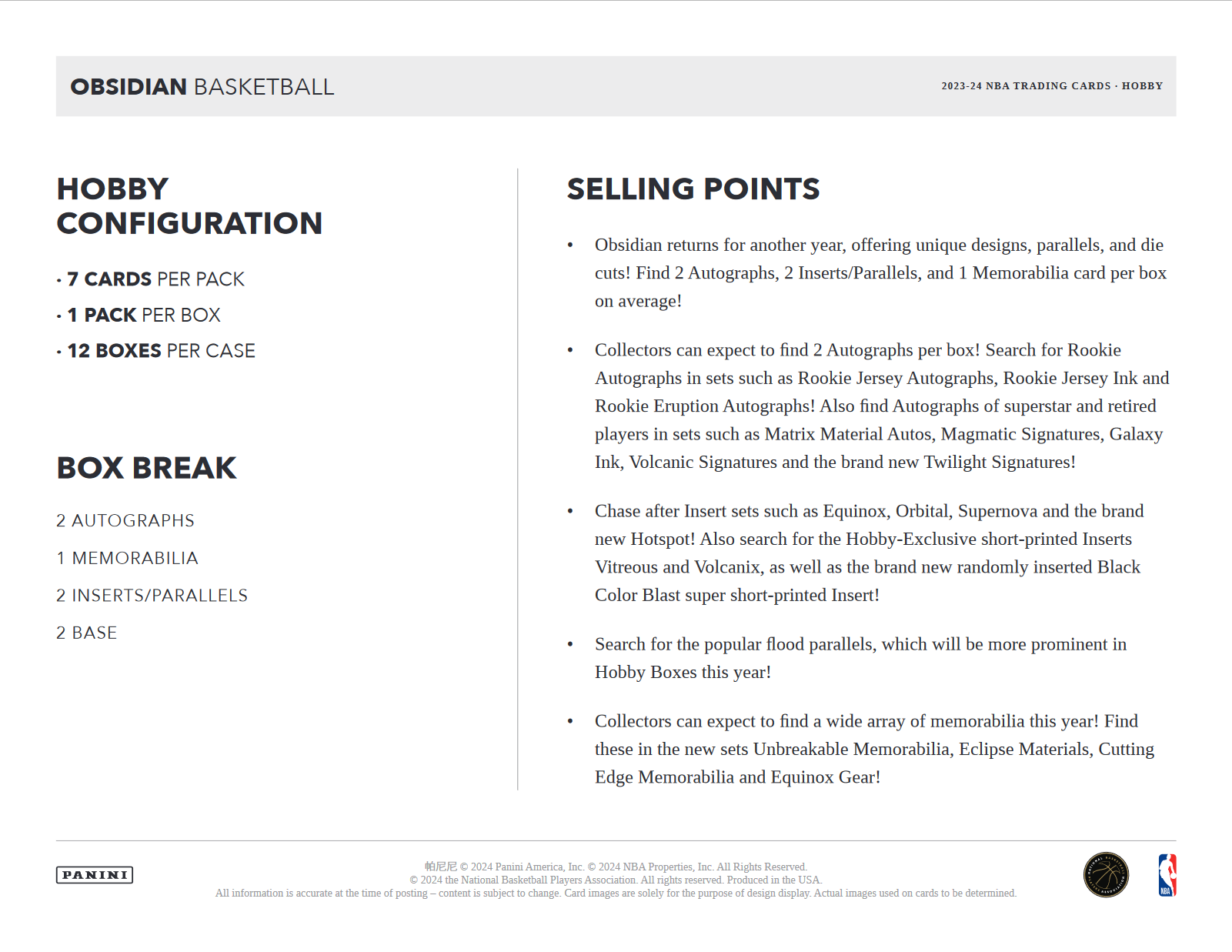 2023-24 Panini Obsidian Basketball Hobby 12 Box Case