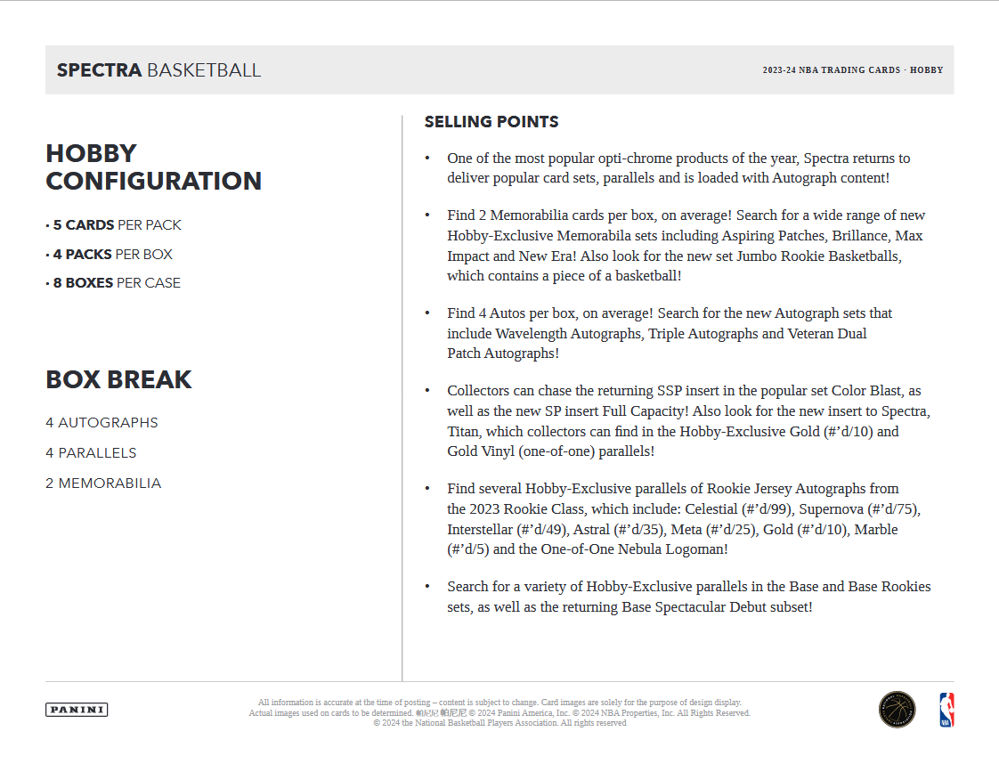 2023-24 Panini Spectra Basketball Hobby 8 box case