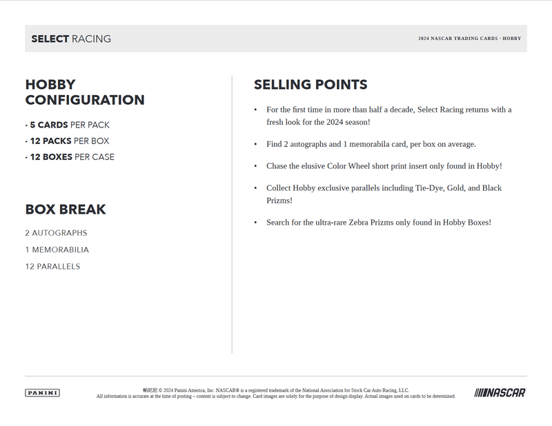 2024 Panini Select Racing Hobby 12 Box Case