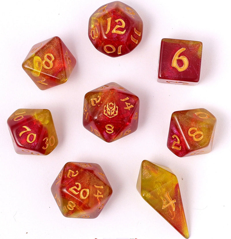 Wyrmforged Rollers - Rounded Edge 8 Piece Polyhedral Dice set - Phoenix Feather