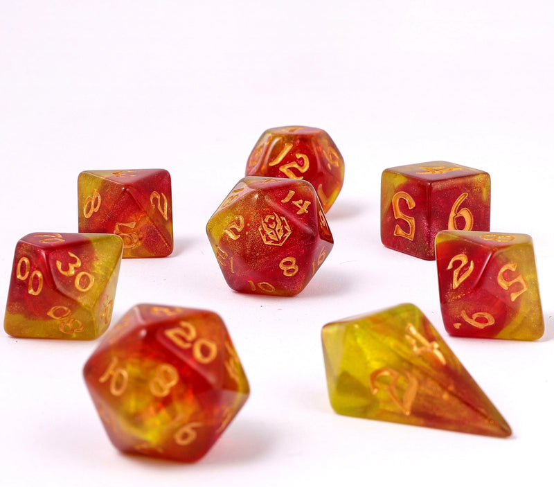 Wyrmforged Rollers - Rounded Edge 8 Piece Polyhedral Dice set - Phoenix Feather