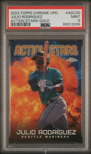Julio Rodriguez 2023 Topps Chrome Update Action Stars Gold ref /50 PSA 9