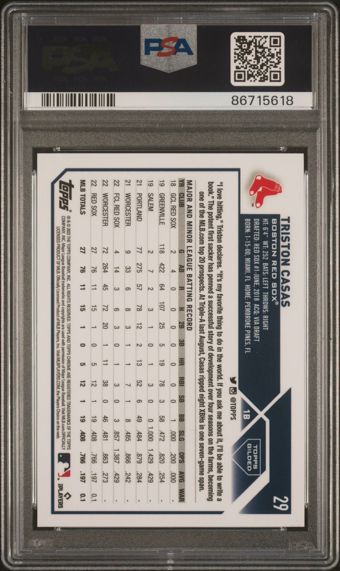 Triston Casas 2023 Topps Chrome Gilded wave/etch rookie card #'d 03/75 PSA 10