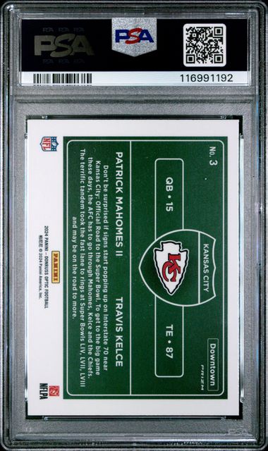 Patrick Mahomes II Travis Kelce 2024 Panini Donruss Optic Downtown Duos PSA 9
