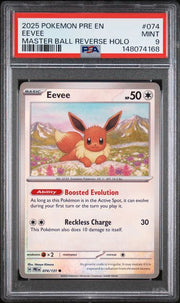 Eevee 2025 Pokemon Prismatic Evolutions Master Ball reverse holo #074/131 PSA 9