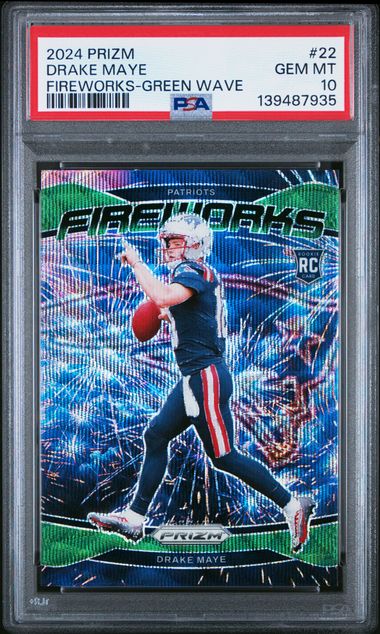 Drake Maye 2024 Panini Prizm Fireworks Green Wave Prizm RC PSA 10