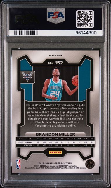 Brandon Miller 2023 Panini Prizm Orange Ice prizm rookie card PSA 10