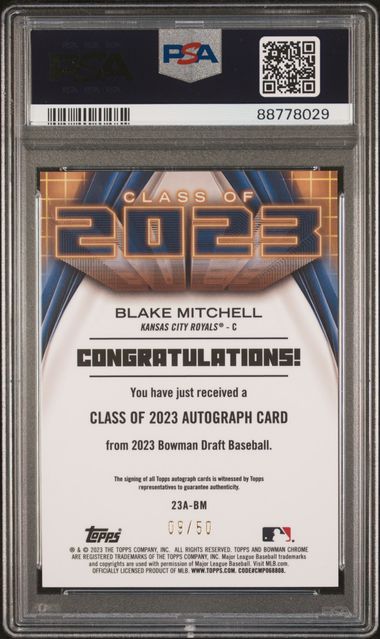 Blake Mitchell 2023 Bowman Chrome Class of 2023 Autograph Gold #'d 09/50 PSA 10