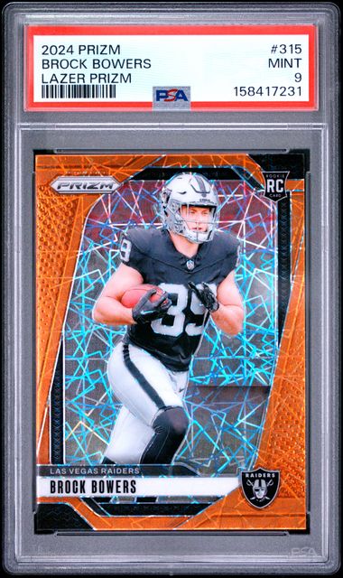 Brock Bowers 2024 Panini Prizm Orange Lazer PSA 9
