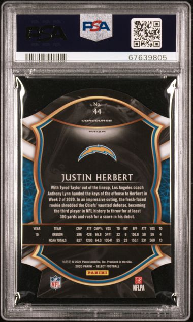 Justin Herbert 2020 Panini Select die-cut purple prizm rookie card PSA 9