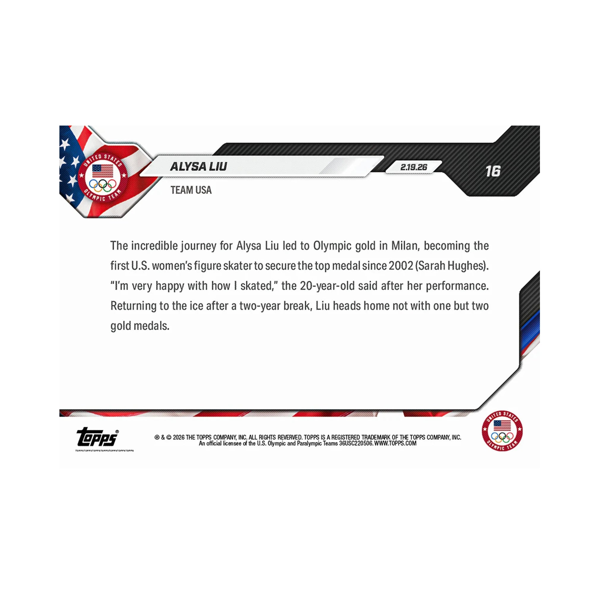 Alysa Liu - 2026 Olympics Topps NOW #16