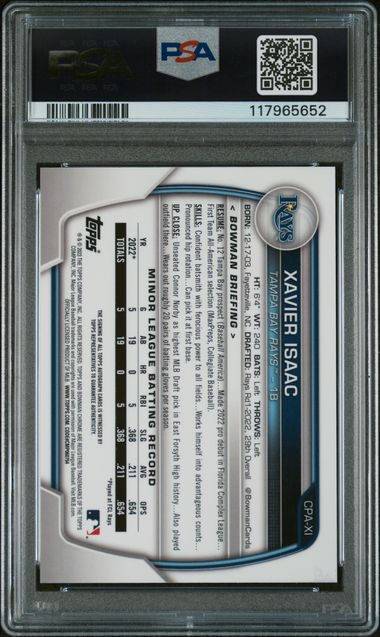 Xavier Isaac 2023 Bowman Chrome Prospects 1st Bowman Aqua Blue Crater Refractor #'d 120/150 PSA 9