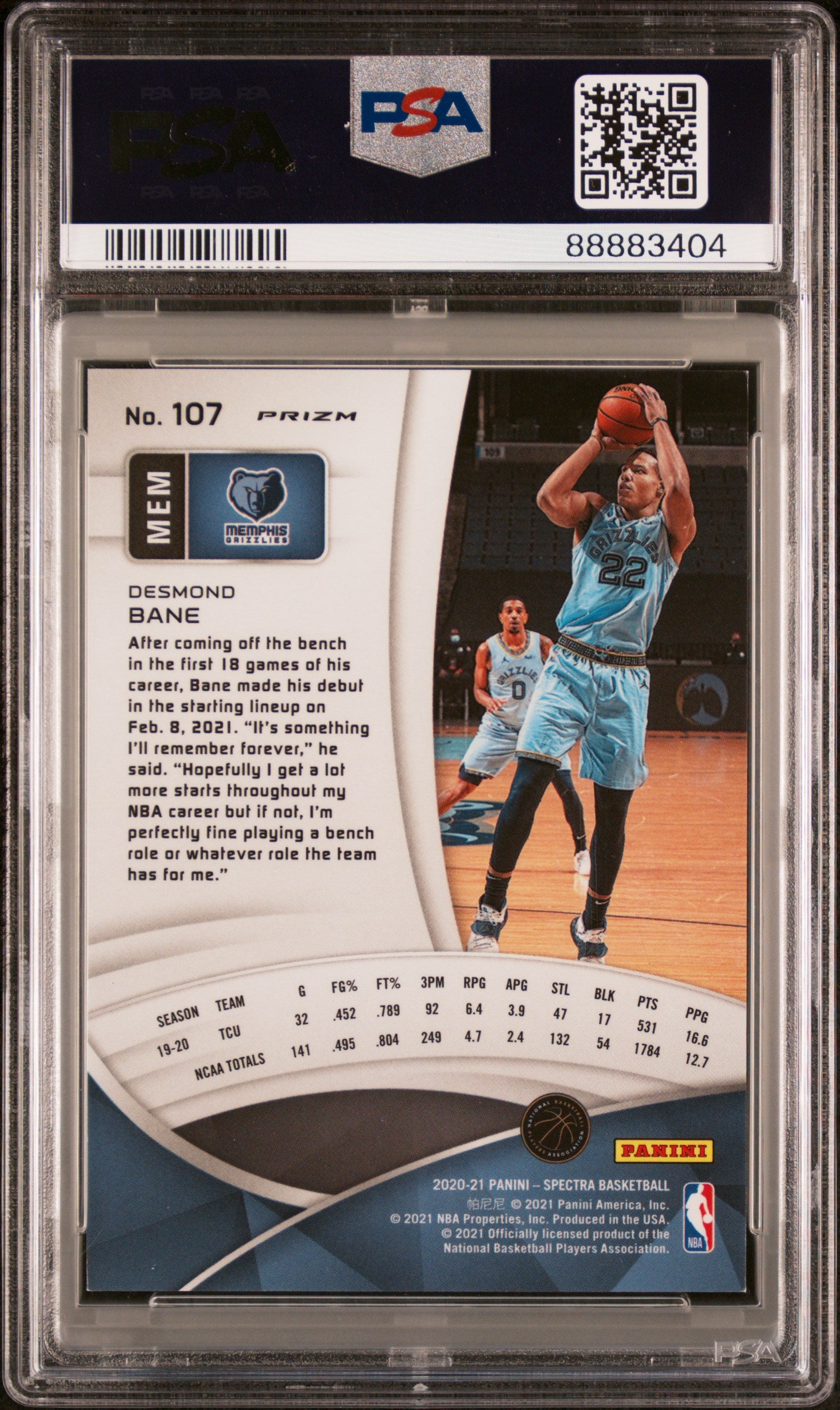 Desmond Bane 2020 Panini Spectra Asia Red prizm rookie card PSA 8