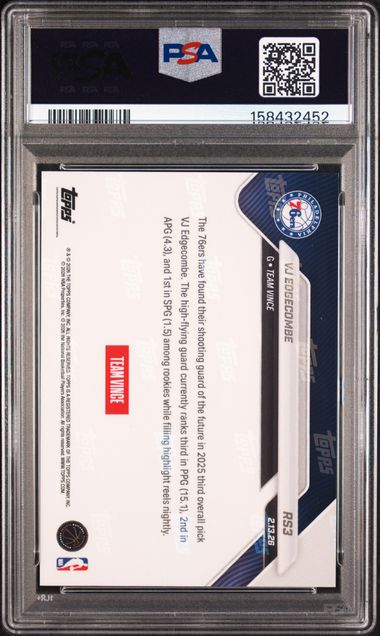 VJ Edgecombe 2026 Topps NOW Rising Stars Black Foil RC #'d 03/10 PSA 9